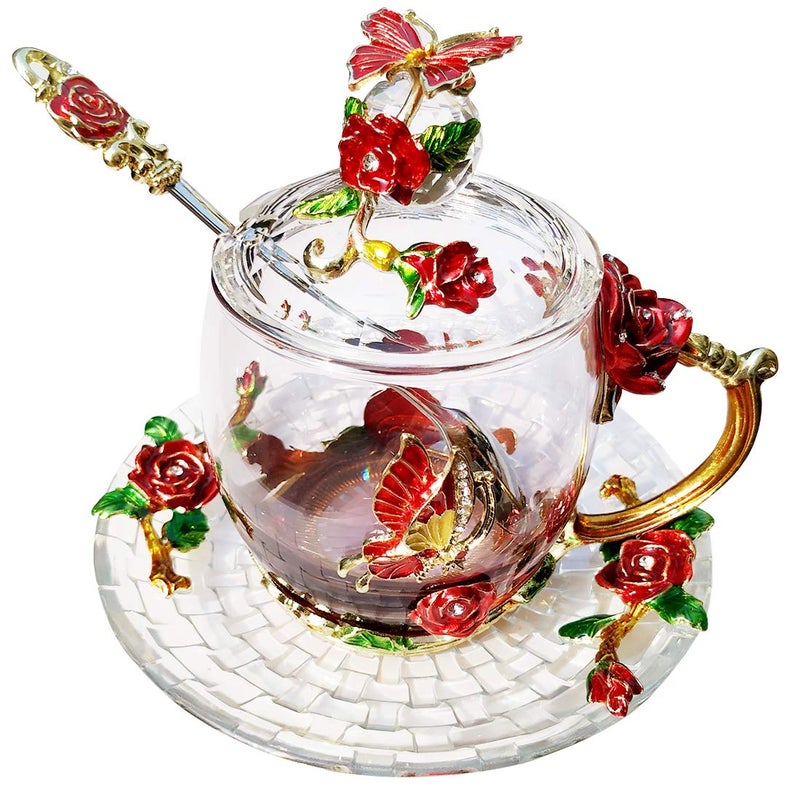 LANTREE Crystal Tea Cup Coffee Mug with Lid Saucer Spoon Birthday Christmas Gift for Women Friends Female Grandma Mum Sister Home Decoration(Short Red) - Image 1